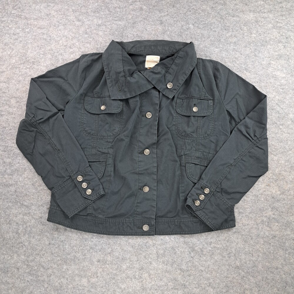 Eddie Bauer Jacket Womens Large Black Gray Button Up Utility Coat Ripstop Canvas